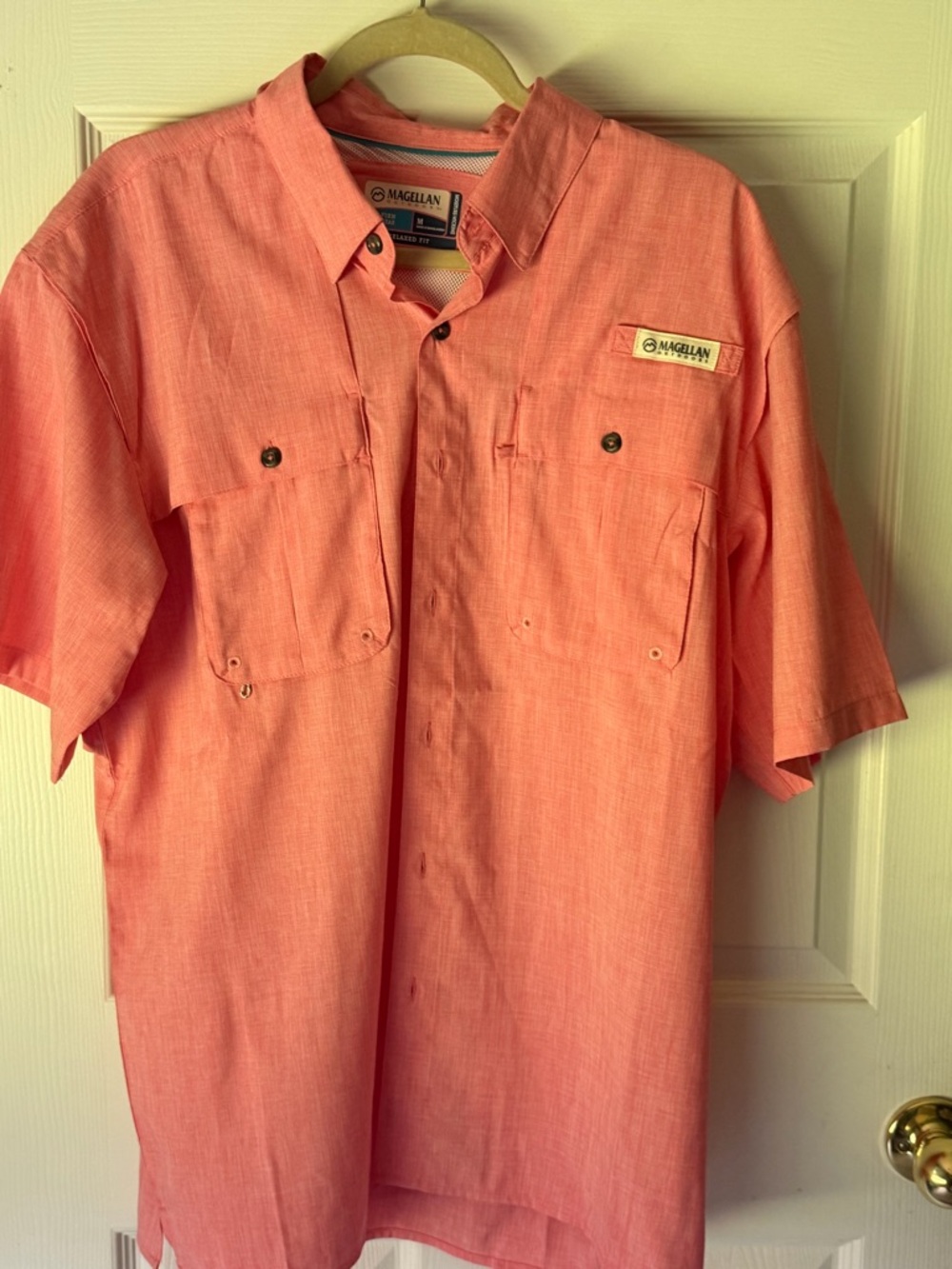 Magellan Outdoors Men’s Short-Sleeve Coral/Salmon Button-Down Shirt